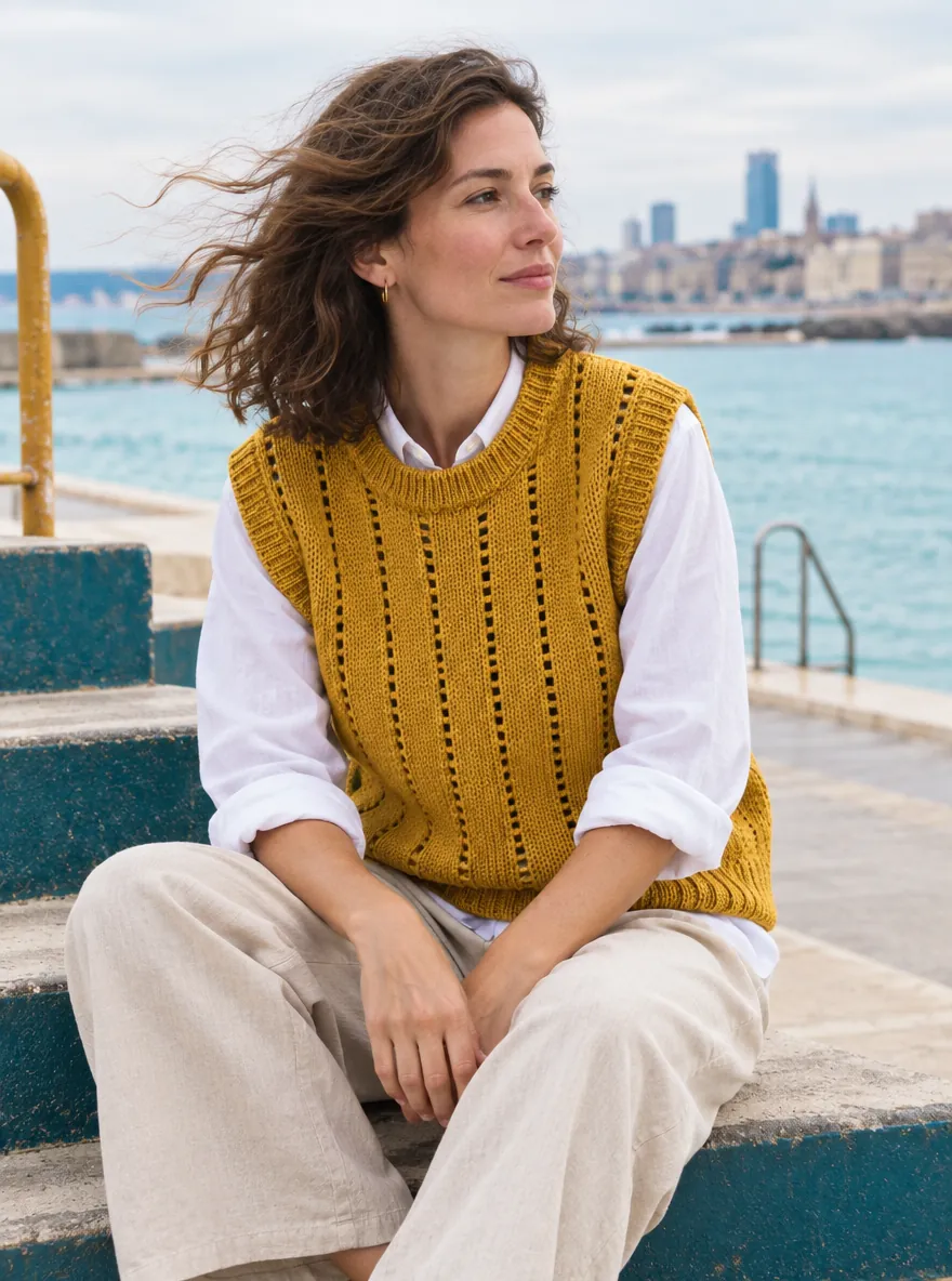 Shannon Ladder-Stitch Vest – Oilskin, worn outdoors by the sea