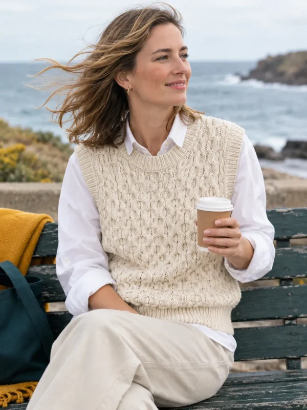 Thames Honeycomb Vest – Salt, worn outdoors by the sea