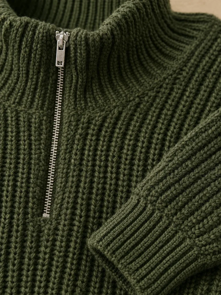 Tyne Fiskerrib Half-Zip – Tang, tæt på strikken
