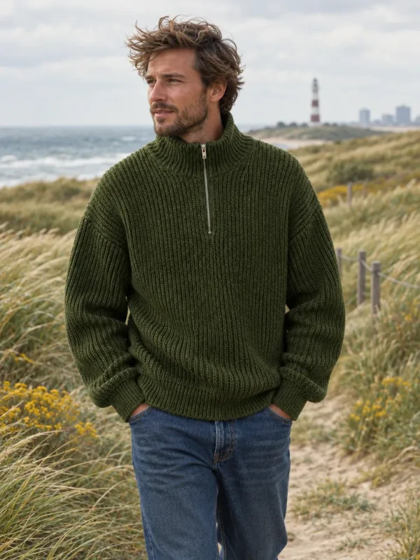 Tyne Fisherman Rib Half-Zip – Kelp, worn outdoors by the sea