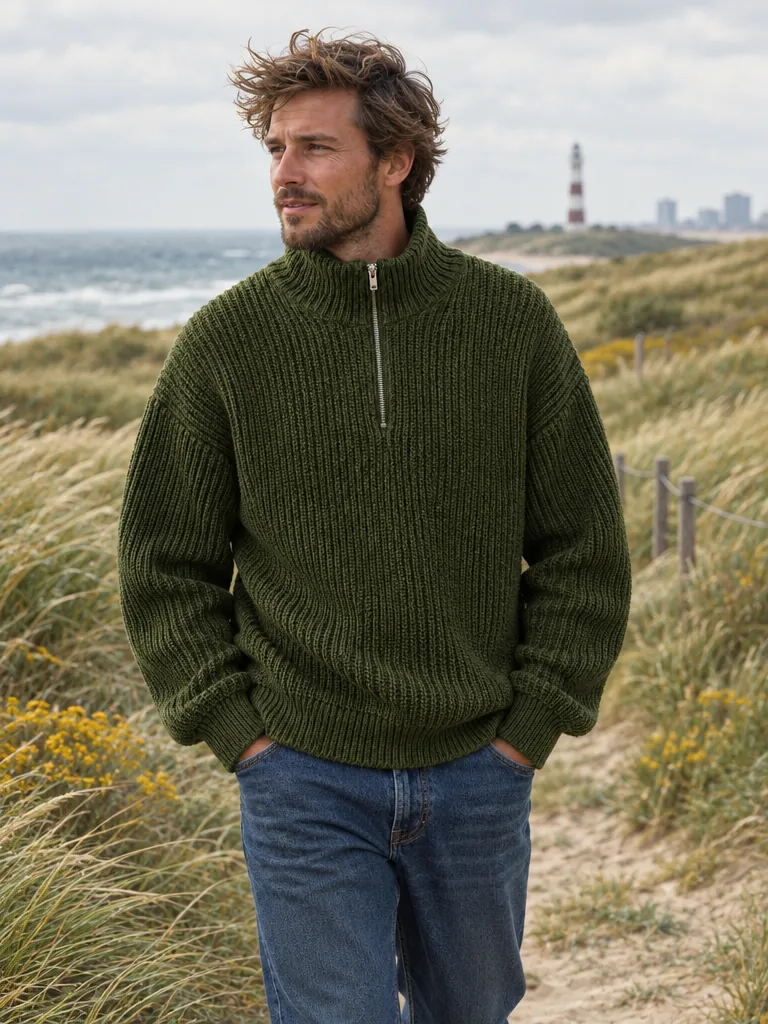 Tyne Fisherman Rib Half-Zip – Kelp, worn outdoors by the sea