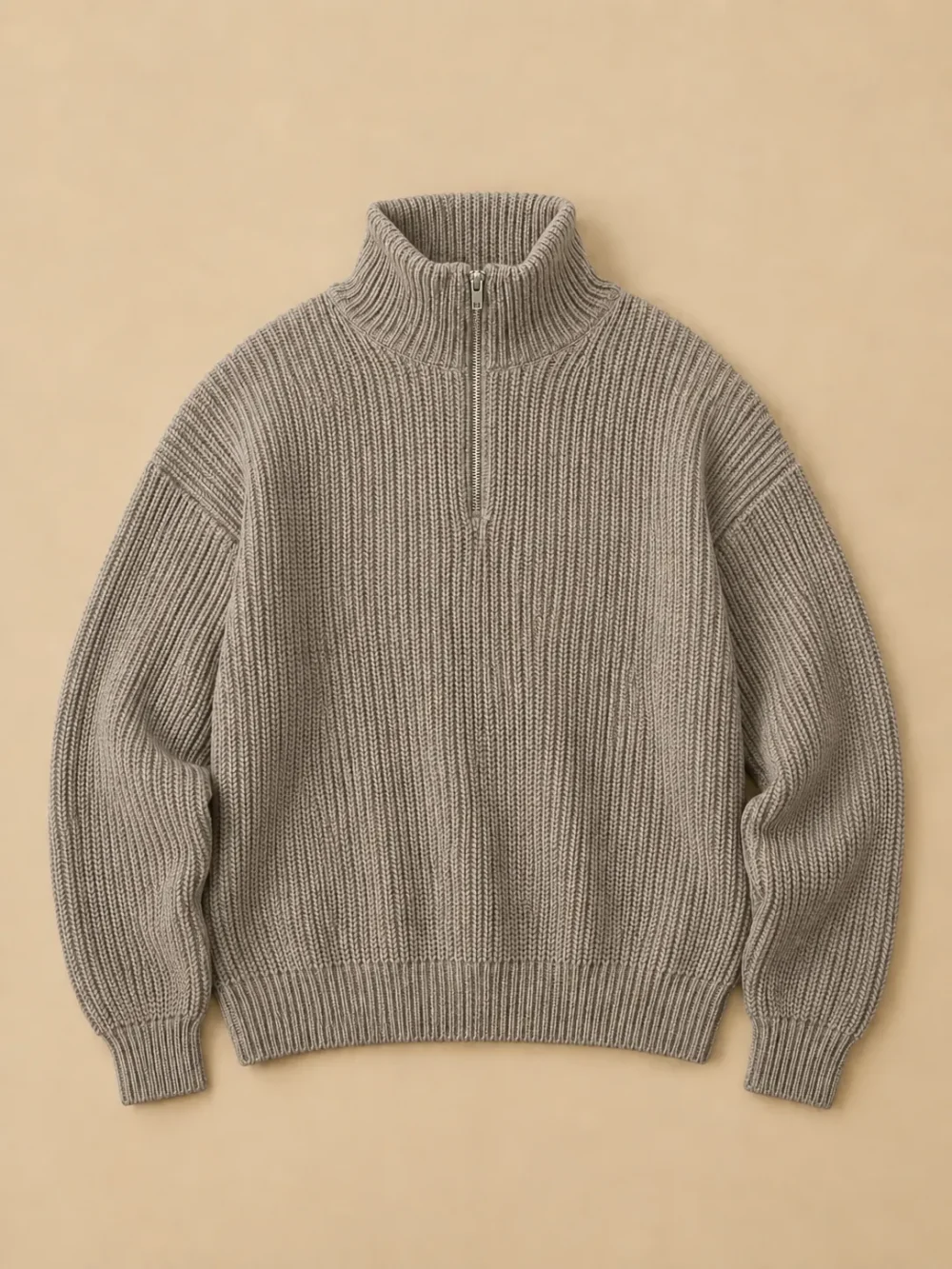 Tyne Fisherman Rib Half-Zip – Pebble, laid flat, front