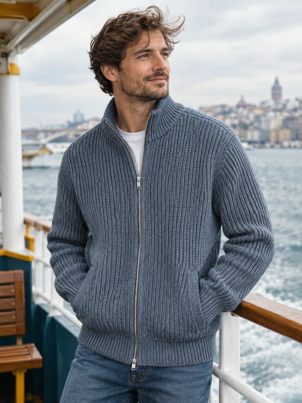 Tyne Fisherman Rib Zip Cardigan – Slate, worn, close-up
