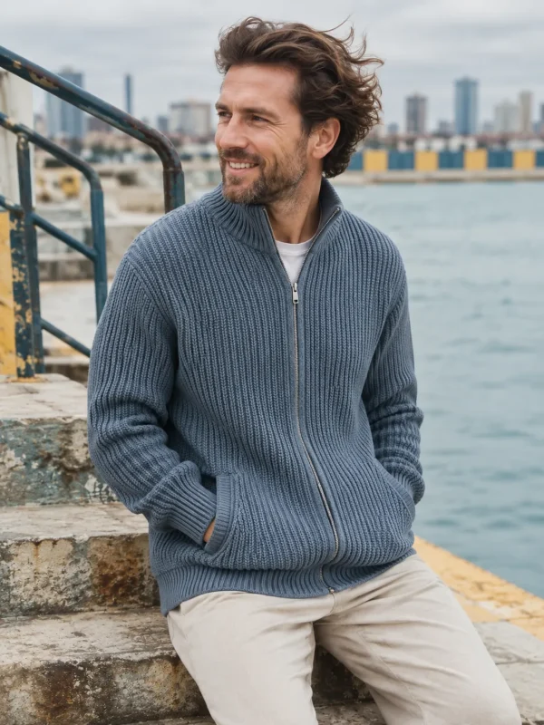 Tyne Fisherman Rib Zip Cardigan – Slate, worn outdoors by the sea