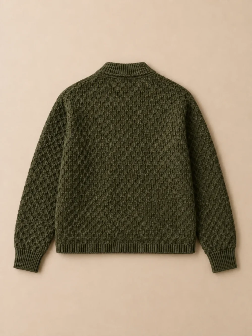 Utsire Honeycomb Chore Cardigan – Kelp, laid flat, back