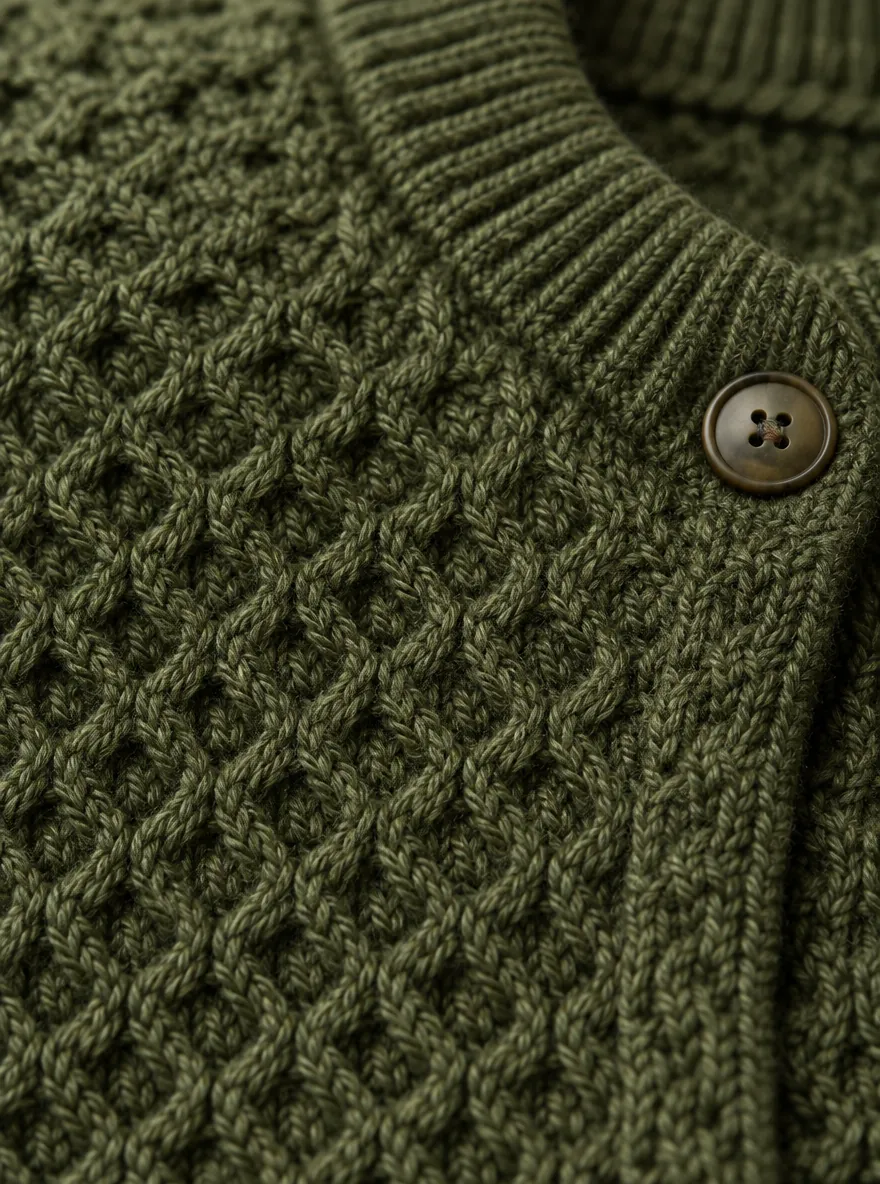 Utsire Honeycomb Chore Cardigan – Kelp, close-up of the stitch