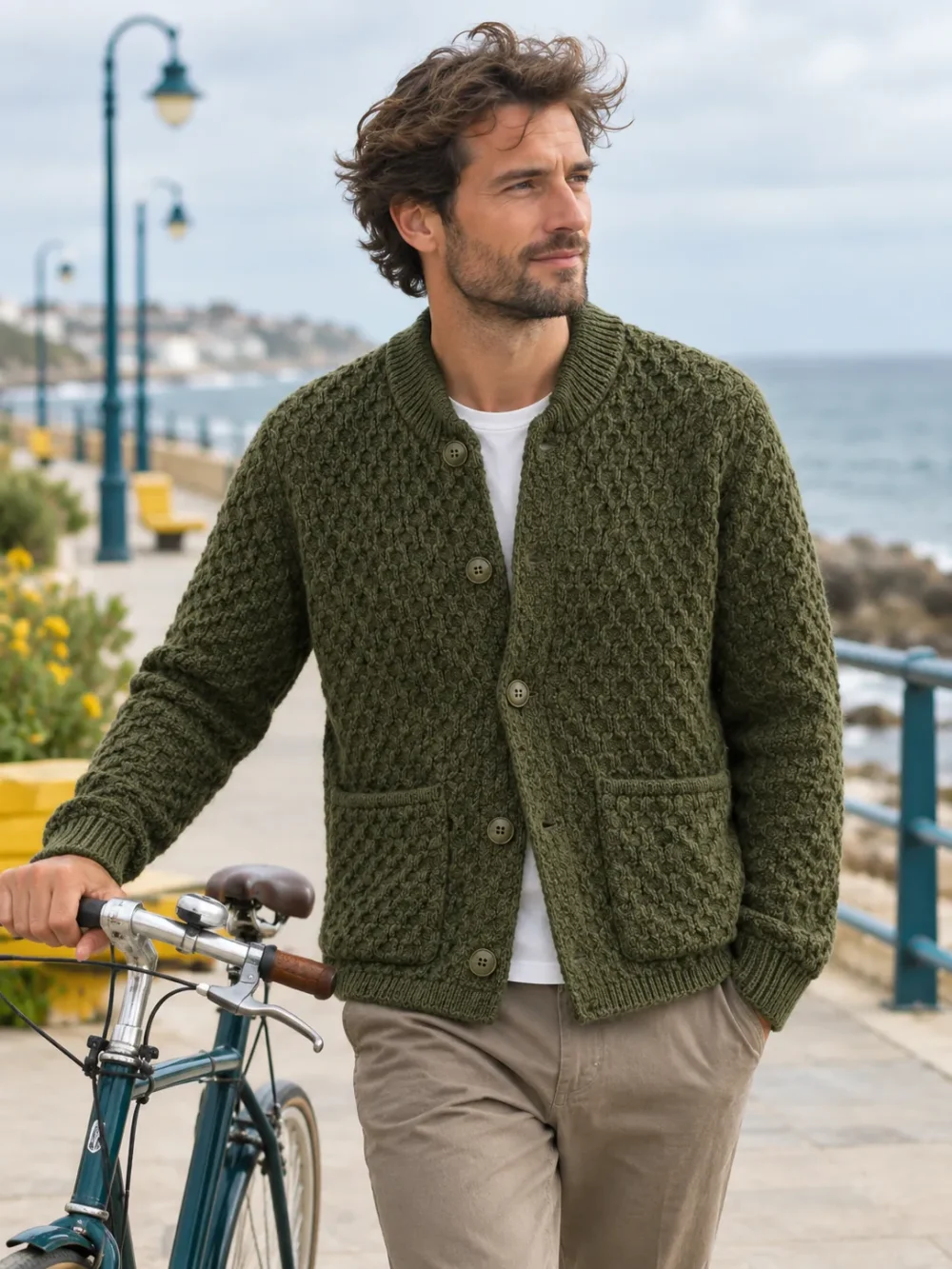Utsire Honeycomb Chore Cardigan – Kelp, worn, close-up