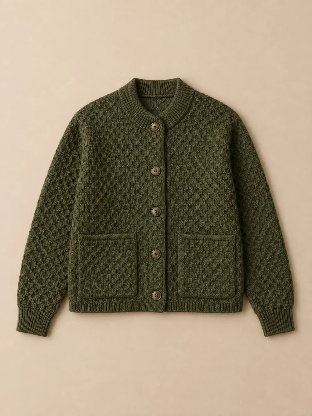 Utsire Honeycomb Chore Cardigan – Kelp, laid flat, front