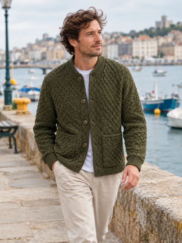 Utsire Honeycomb Chore Cardigan – Kelp, worn outdoors by the sea