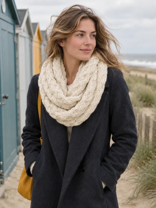 Utsire Honeycomb Snood – Salt, worn outdoors by the sea