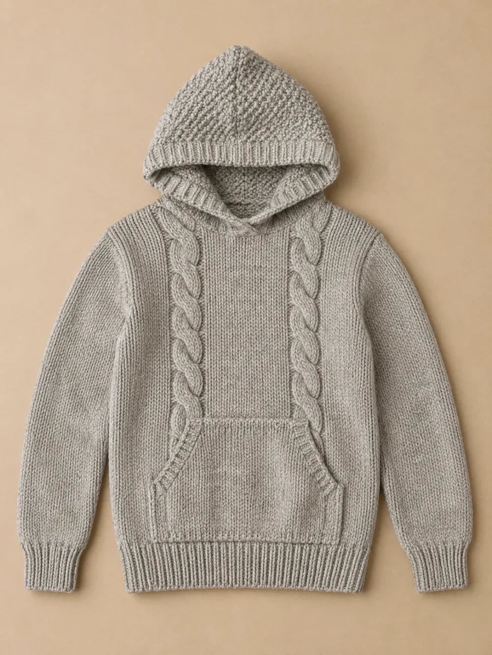 Viking Cable Knit Hoodie – Pebble, laid flat, front