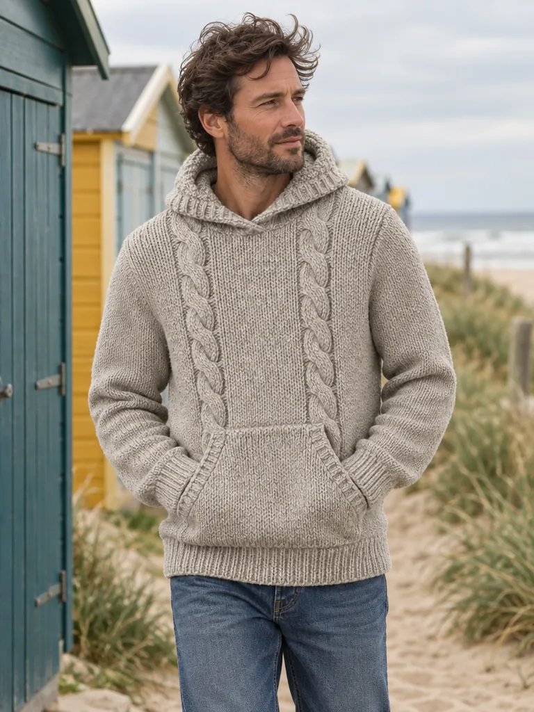 Viking Cable Knit Hoodie – Pebble, worn outdoors by the sea