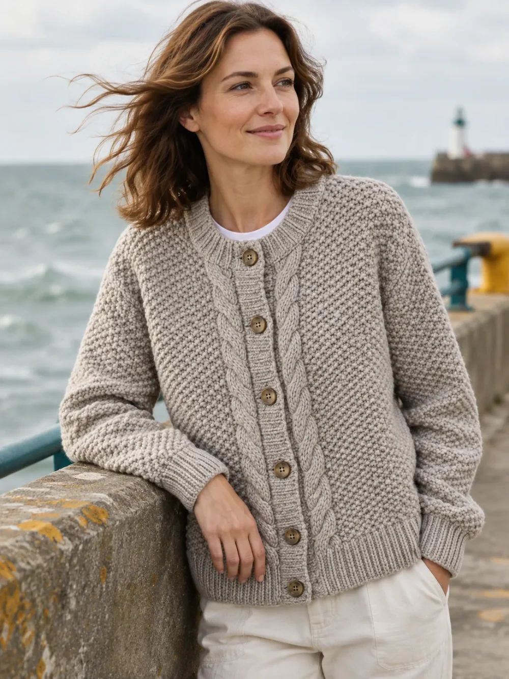 Viking Chunky Button Cardigan – Pebble, worn, close-up