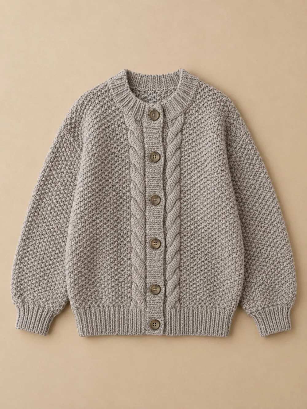 Viking Chunky Button Cardigan – Pebble, laid flat, front