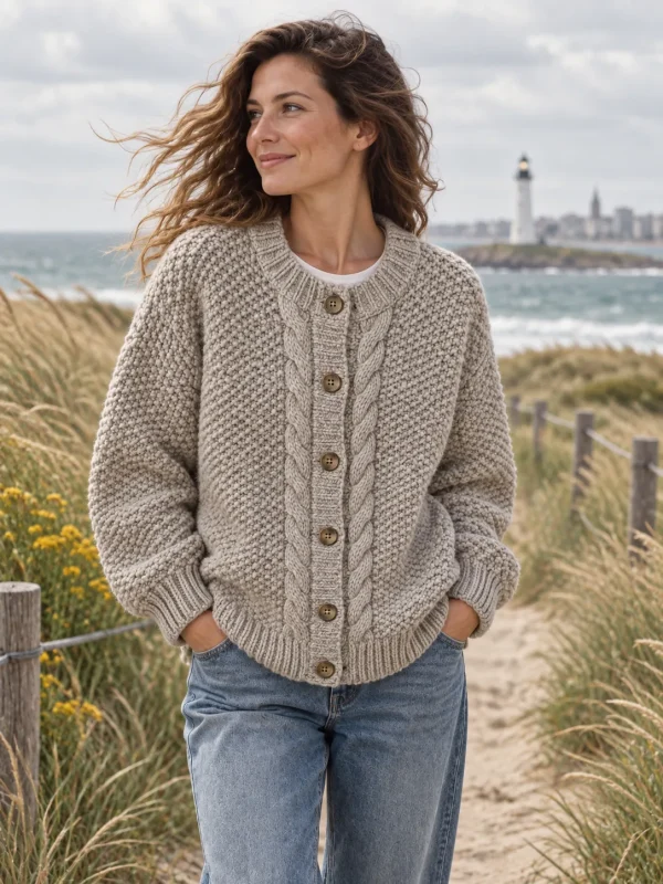 Viking Chunky Button Cardigan – Pebble, worn outdoors by the sea