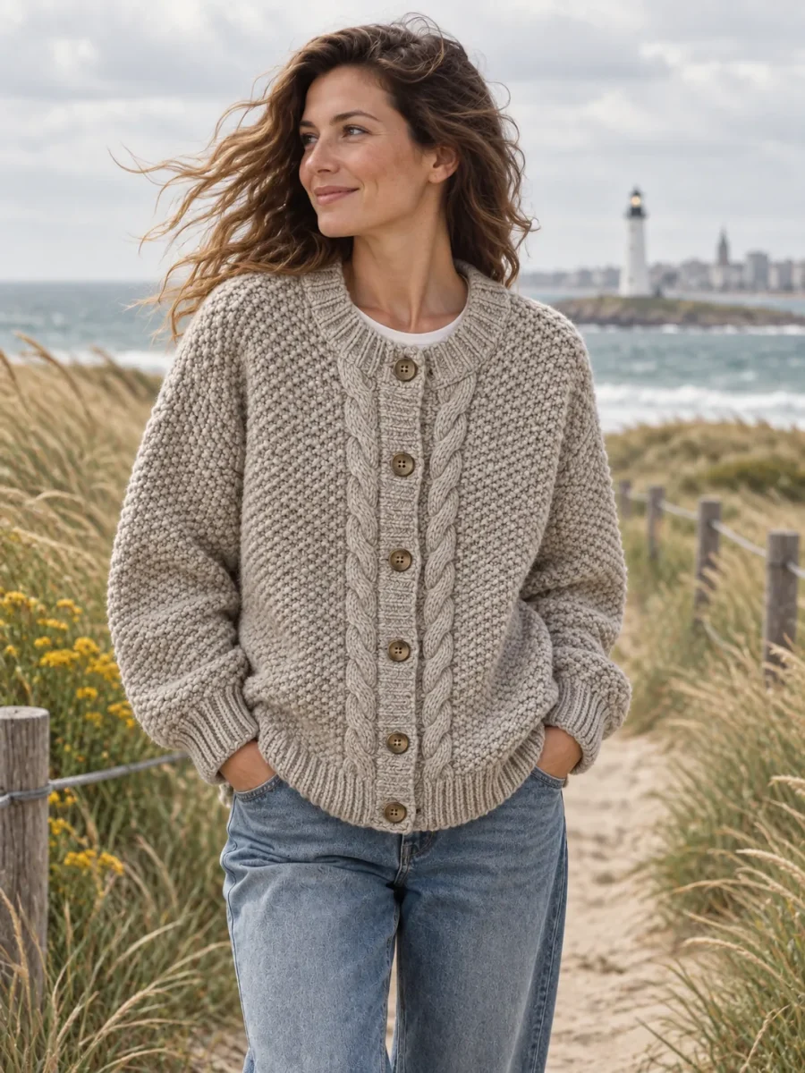 Viking grov cardigan med knapper – Sten, båret udendørs ved havet