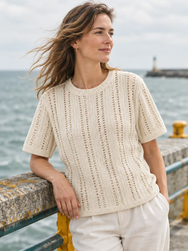 Wight Ladder-Stitch Tee – Salt, worn, close-up