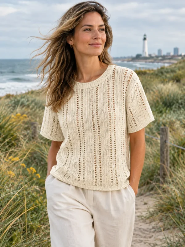 Wight Ladder-Stitch Tee – Salt, worn outdoors by the sea