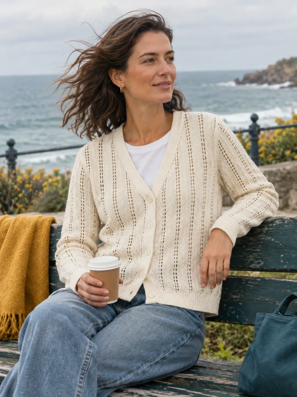 Wight Open-Stitch Cardigan – Salt, worn outdoors by the sea